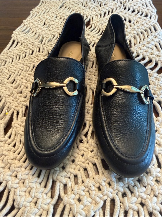 Arezzo Shoes - Women's Black Leather Slip-On Loafers with Gold Bit Accent